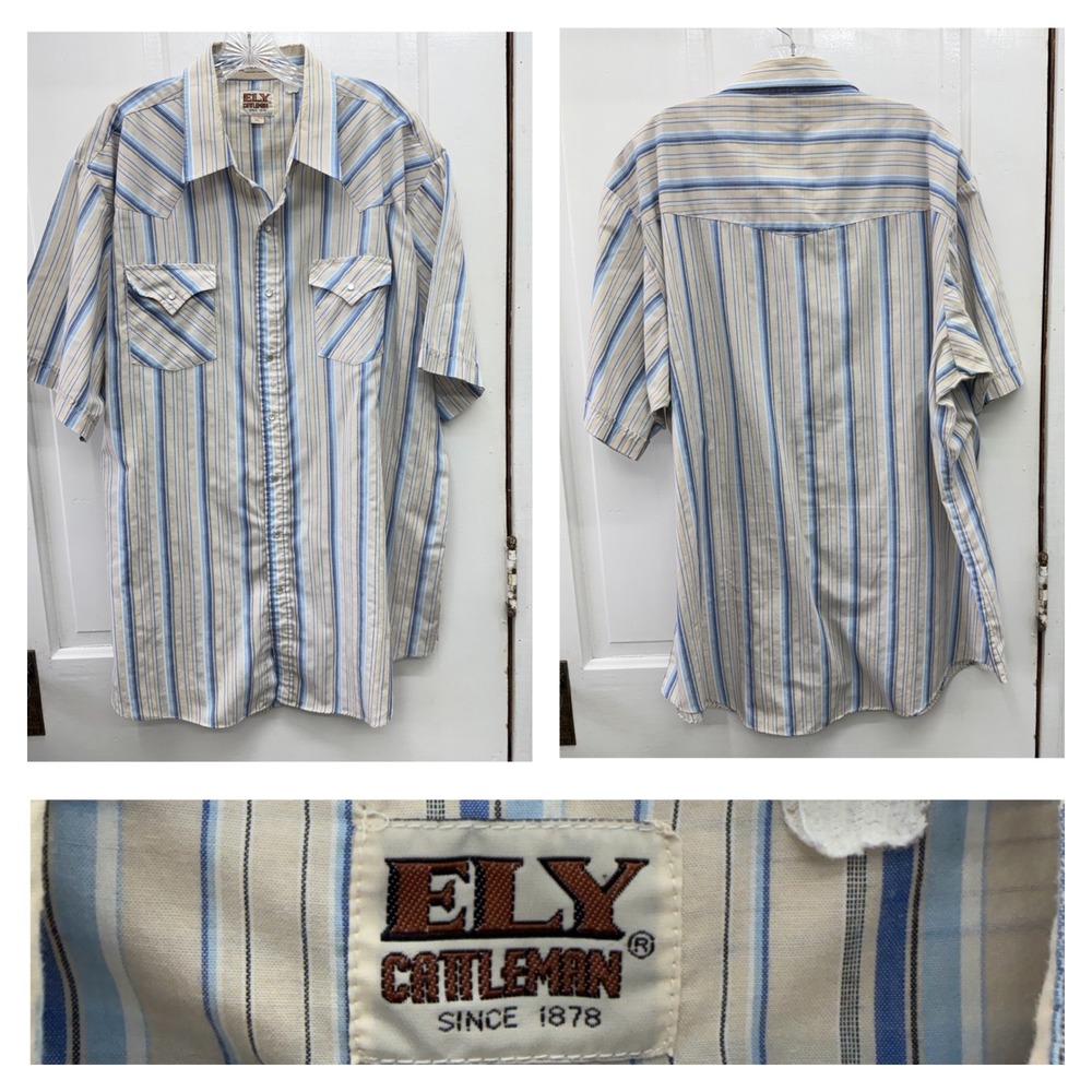 Vintage Ely Cattleman Western Pearl Snap Shirt Men's 2XLT 2XL Tall Tan‎ Blue